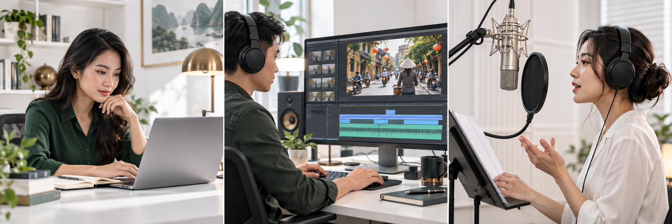 Illustrations of translation, film subtitling, and Vietnamese voice recording